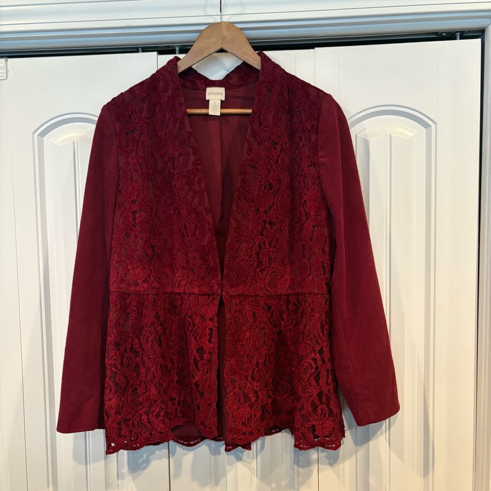 Chico’s Burgundy Lace And Suede‎ Jacket Size 1 (Medium/8)